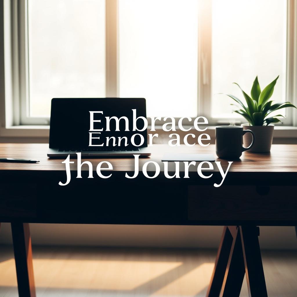 An image depicting a minimalist workspace on a wooden desk, featuring a laptop, a potted succulent, and a steaming cup of coffee