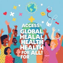 An inspiring poster design representing global health initiatives, featuring diverse people from various cultures and backgrounds, united together with arms raised in celebration