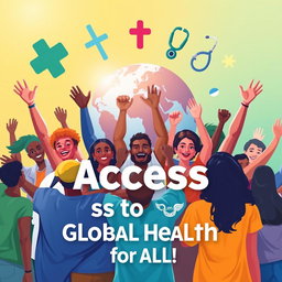 An inspiring poster design representing global health initiatives, featuring diverse people from various cultures and backgrounds, united together with arms raised in celebration