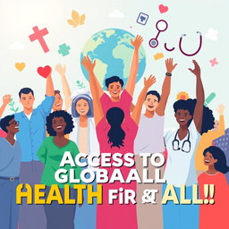 An inspiring poster design representing global health initiatives, featuring diverse people from various cultures and backgrounds, united together with arms raised in celebration
