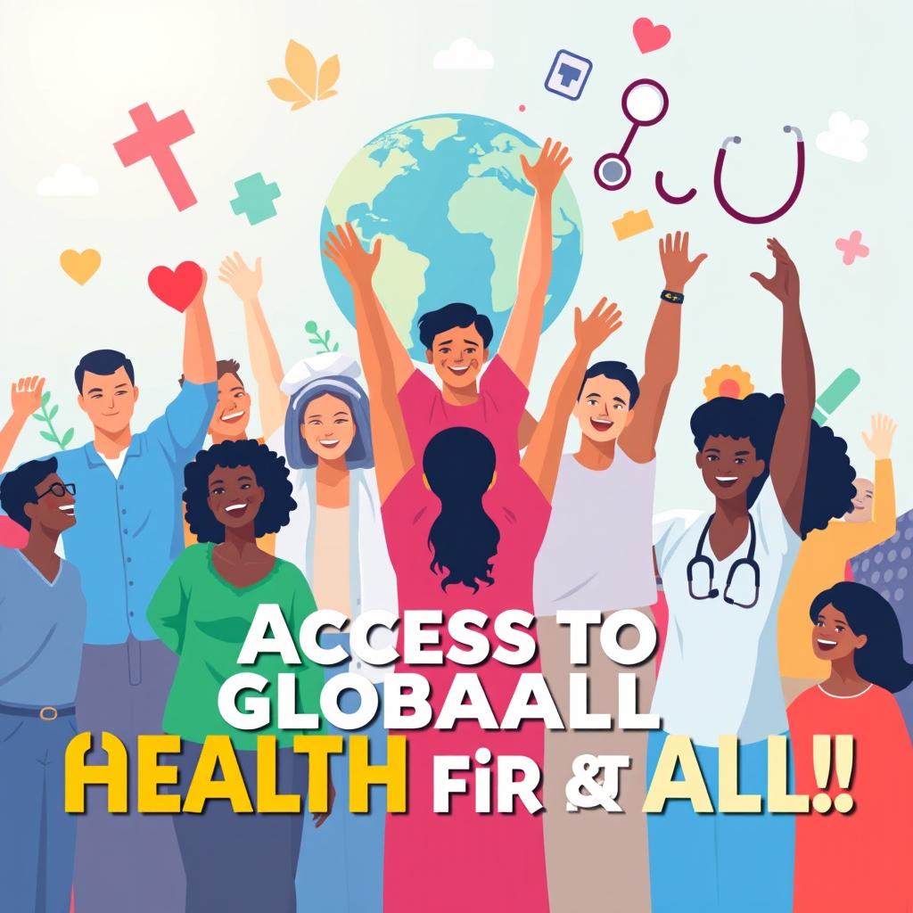 An inspiring poster design representing global health initiatives, featuring diverse people from various cultures and backgrounds, united together with arms raised in celebration