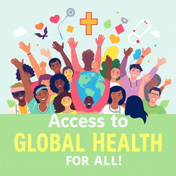 An inspiring poster design representing global health initiatives, featuring diverse people from various cultures and backgrounds, united together with arms raised in celebration