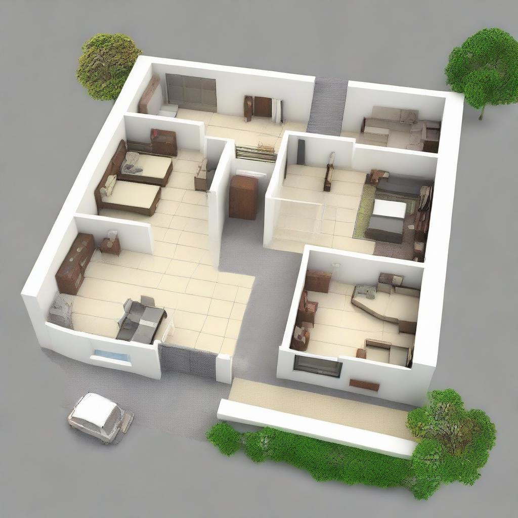 An expertly planned plot map design for a 2 bedroom, 2 washroom house with a designated car parking space, situated on a 30x30 feet plot. The design reflects strategic space distribution and attractive layout.