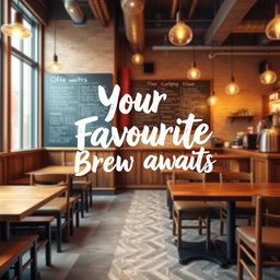 An image showcasing a stylish coffee shop interior, with wooden tables and cozy seating