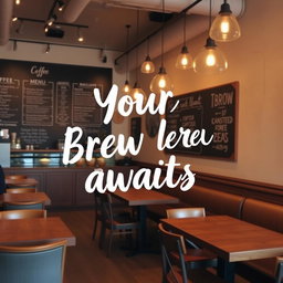 An image showcasing a stylish coffee shop interior, with wooden tables and cozy seating