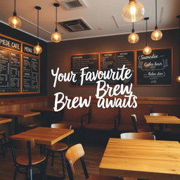 An image showcasing a stylish coffee shop interior, with wooden tables and cozy seating