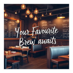 An image showcasing a stylish coffee shop interior, with wooden tables and cozy seating