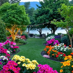 A beautifully designed yard featuring an enchanting garden landscape brimming with vibrant flowers of various colors, lush, healthy trees, and decorative design elements throughout