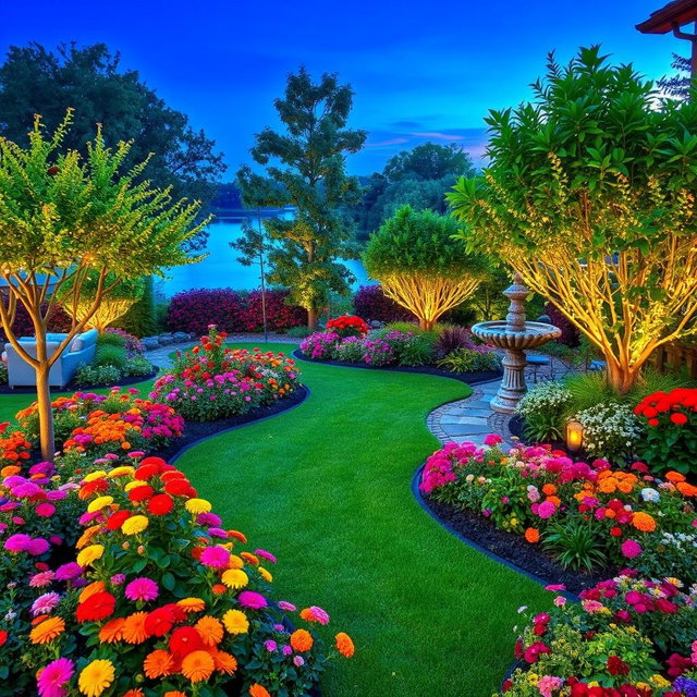 A beautifully designed yard featuring an enchanting garden landscape brimming with vibrant flowers of various colors, lush, healthy trees, and decorative design elements throughout