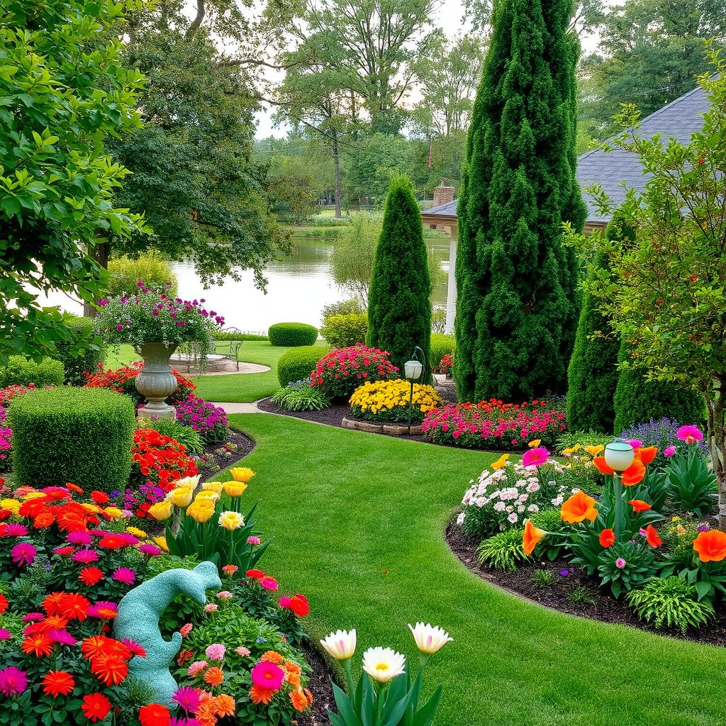 A beautifully designed yard featuring an enchanting garden landscape brimming with vibrant flowers of various colors, lush, healthy trees, and decorative design elements throughout