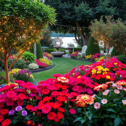 A beautifully designed yard featuring an enchanting garden landscape brimming with vibrant flowers of various colors, lush, healthy trees, and decorative design elements throughout