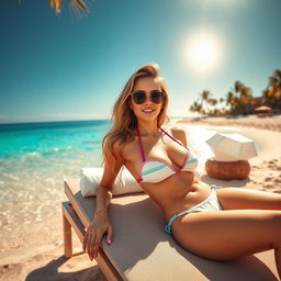 A sexy girl in a stylish bikini, lounging on a sunbed by the beach