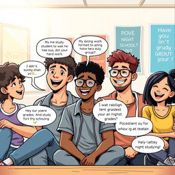 An engaging comic strip illustrating a group of diverse high school students sitting together in a bright classroom