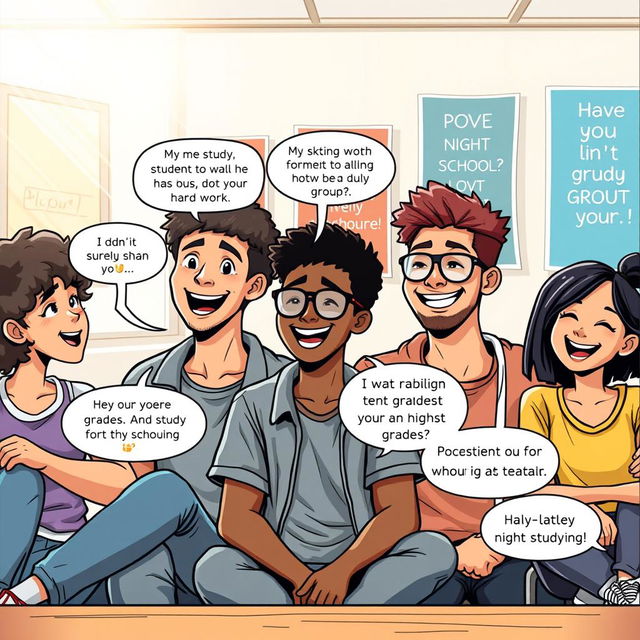 An engaging comic strip illustrating a group of diverse high school students sitting together in a bright classroom