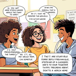 An engaging comic strip illustrating a group of diverse high school students sitting together in a bright classroom