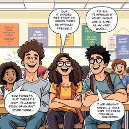 An engaging comic strip illustrating a group of diverse high school students sitting together in a bright classroom
