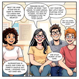 An engaging comic strip illustrating a group of diverse high school students sitting together in a bright classroom