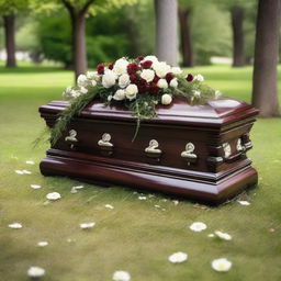 A respectfully depicted funeral casket, elegantly made from dark wood, adorned with flowers in a peaceful setting.