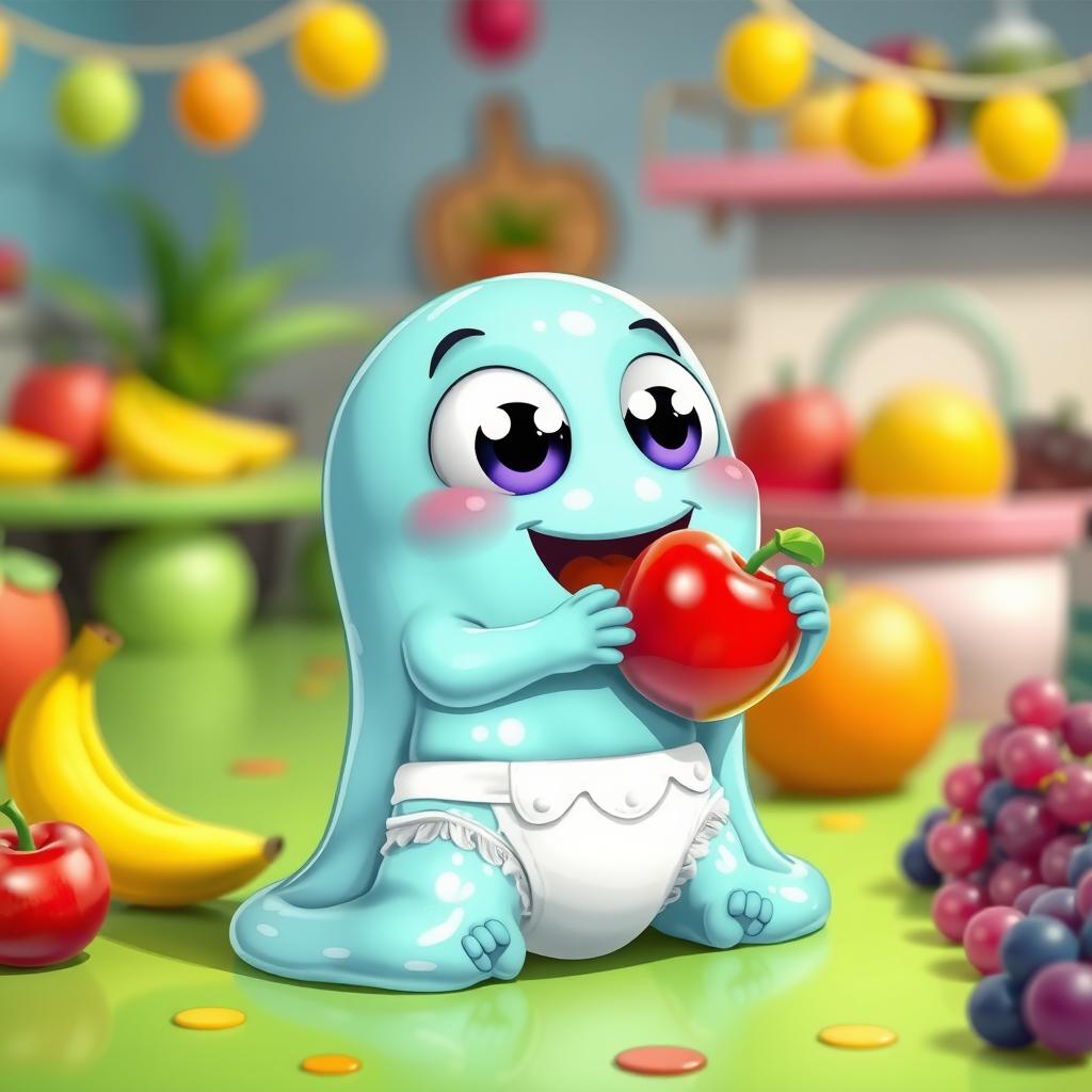 A cute, wide-eyed slime character resembling a baby, wearing adorable diapers and joyfully eating a variety of colorful fruits like bananas, apples, and grapes