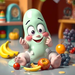 A cute, wide-eyed slime character resembling a baby, wearing adorable diapers and joyfully eating a variety of colorful fruits like bananas, apples, and grapes