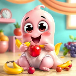 A cute, wide-eyed slime character resembling a baby, wearing adorable diapers and joyfully eating a variety of colorful fruits like bananas, apples, and grapes