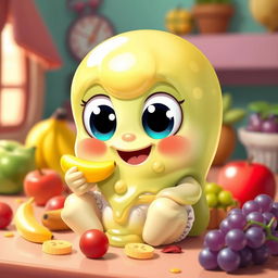 A cute, wide-eyed slime character resembling a baby, wearing adorable diapers and joyfully eating a variety of colorful fruits like bananas, apples, and grapes