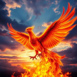 A majestic fiery phoenix rising from vibrant flames, with its stunning plumage featuring shades of red, orange, and gold