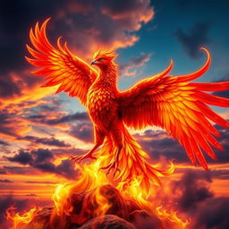 A majestic fiery phoenix rising from vibrant flames, with its stunning plumage featuring shades of red, orange, and gold