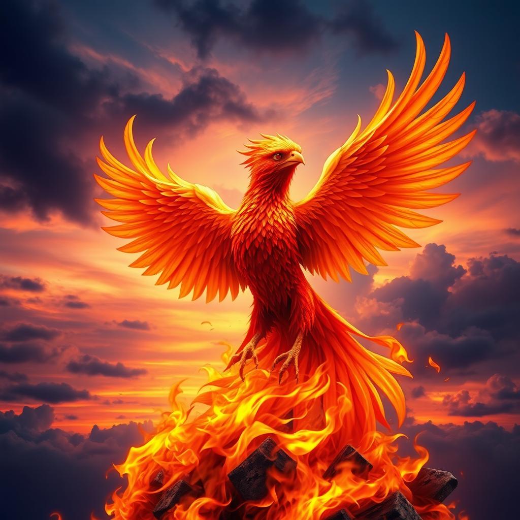 A majestic fiery phoenix rising from vibrant flames, with its stunning plumage featuring shades of red, orange, and gold