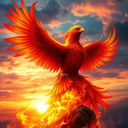A majestic fiery phoenix rising from vibrant flames, with its stunning plumage featuring shades of red, orange, and gold