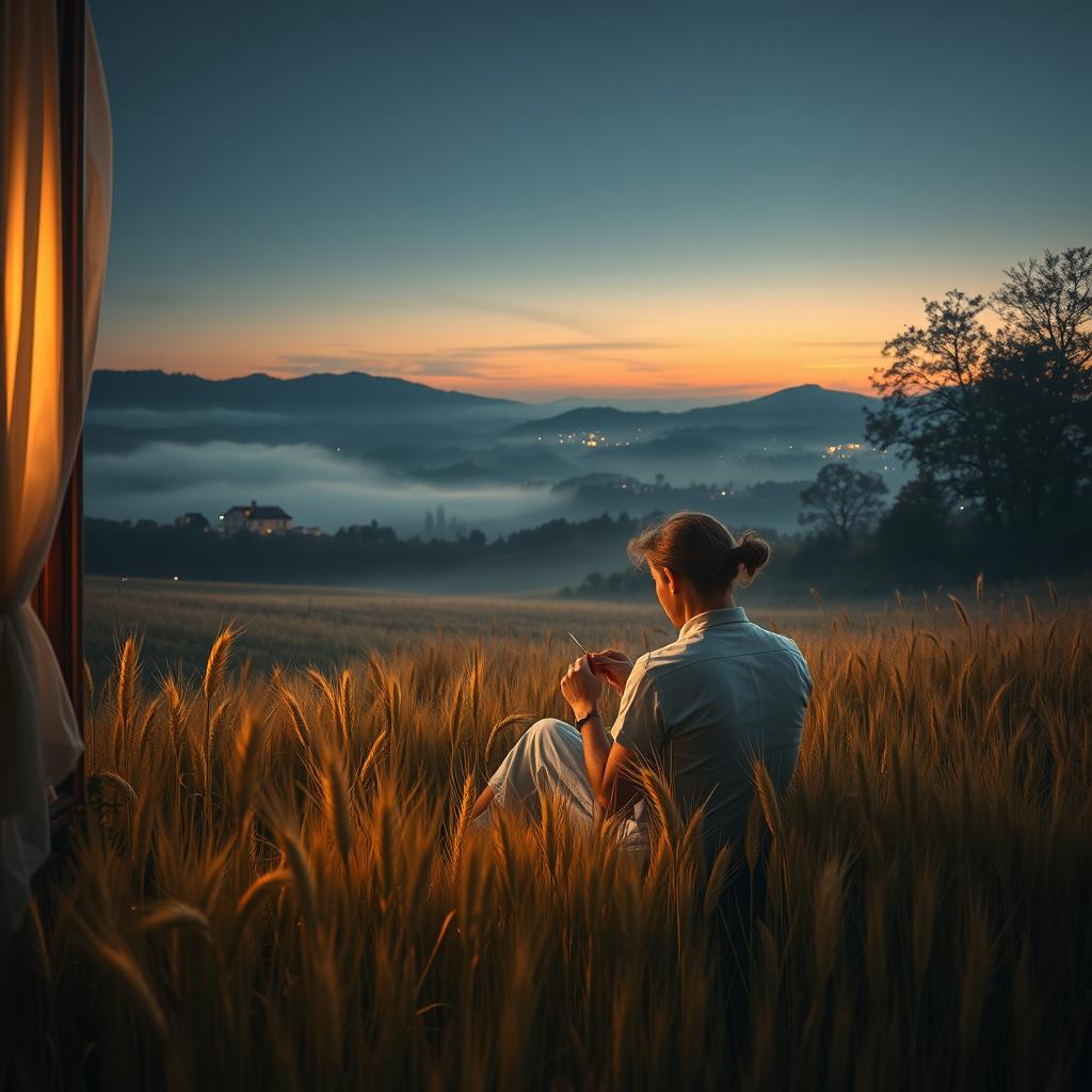 A dreamlike, serene countryside scene inspired by the lyrics provided