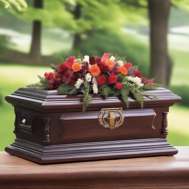 A respectfully depicted funeral casket, elegantly made from dark wood, adorned with flowers in a peaceful setting.