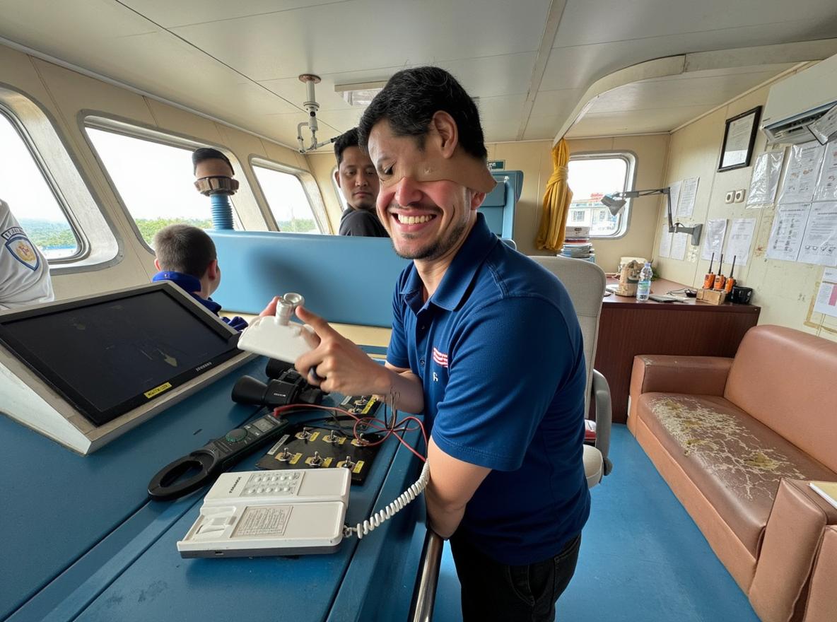 A scene inside a ship's control room, showcasing three professionals