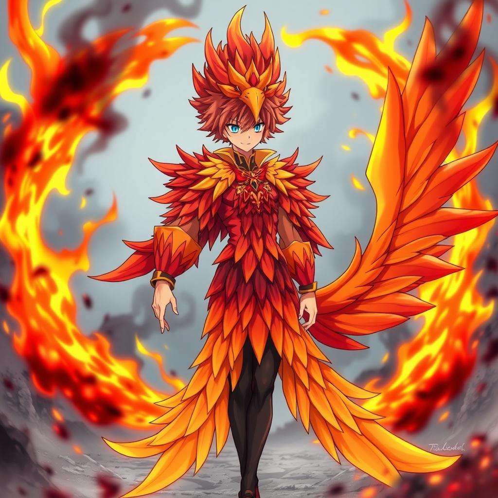 A male anime character dressed in a vibrant and intricate phoenix costume, featuring fiery red, orange, and gold colors that mimic the majestic bird's plumage