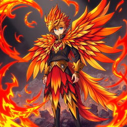 A male anime character dressed in a vibrant and intricate phoenix costume, featuring fiery red, orange, and gold colors that mimic the majestic bird's plumage