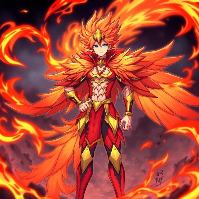 A male anime character dressed in a vibrant and intricate phoenix costume, featuring fiery red, orange, and gold colors that mimic the majestic bird's plumage