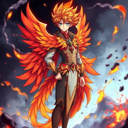 A male anime character dressed in a vibrant and intricate phoenix costume, featuring fiery red, orange, and gold colors that mimic the majestic bird's plumage
