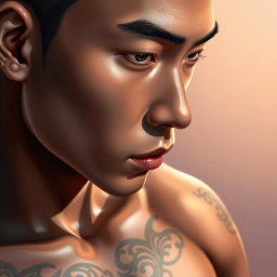 A close-up of a highly detailed, realistic illustration of an Asian male figure, showcasing intricate tattoos on his skin