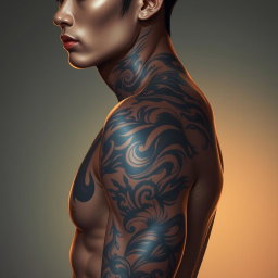 A close-up of a highly detailed, realistic illustration of an Asian male figure, showcasing intricate tattoos on his skin