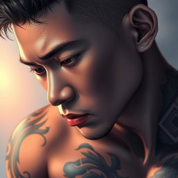 A close-up of a highly detailed, realistic illustration of an Asian male figure, showcasing intricate tattoos on his skin