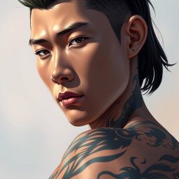 A close-up of a highly detailed, realistic illustration of an Asian male figure, showcasing intricate tattoos on his skin