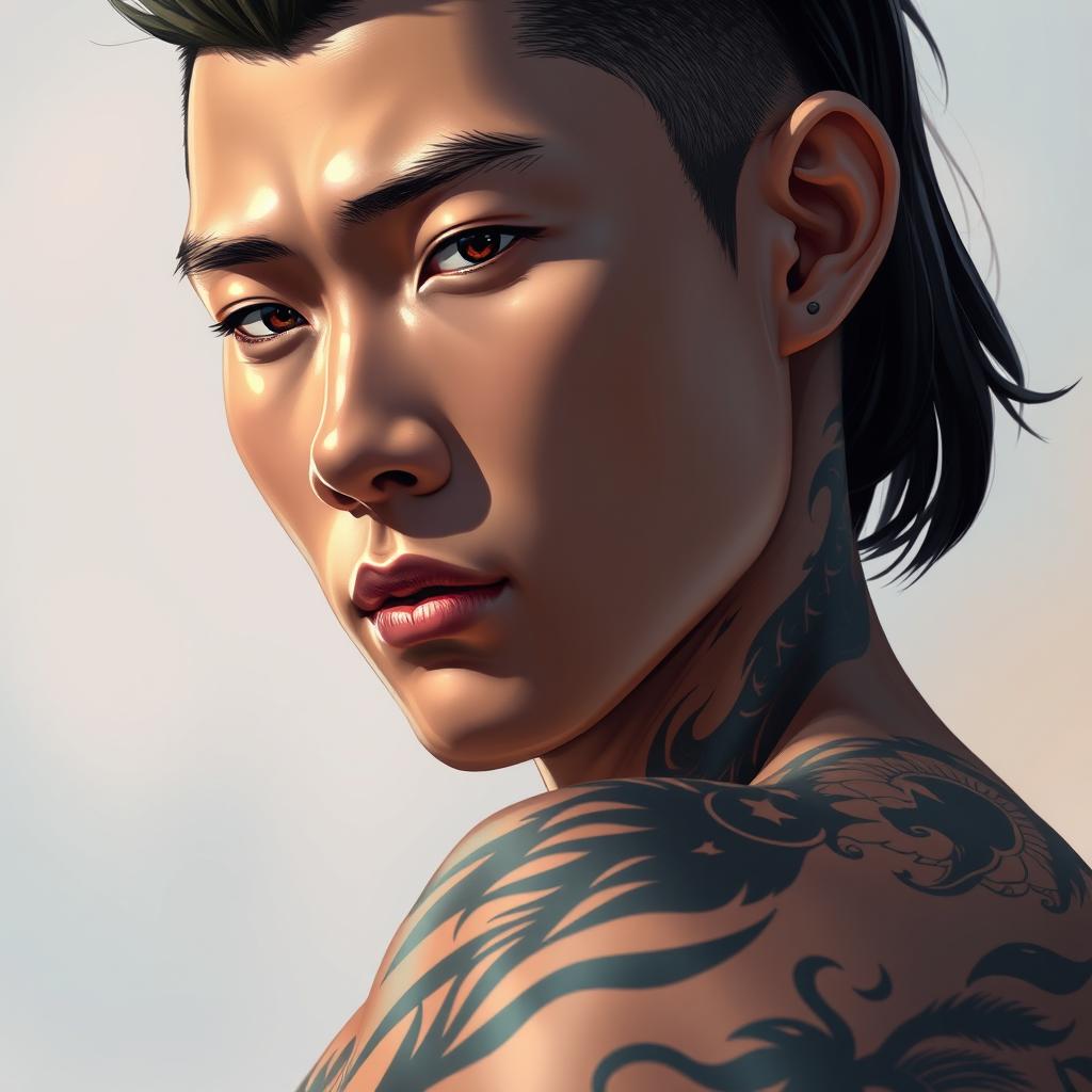 A close-up of a highly detailed, realistic illustration of an Asian male figure, showcasing intricate tattoos on his skin
