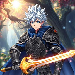 A male anime character dressed as a medieval knight, wearing intricately detailed armor adorned with symbols of dragons, and boasting a flowing blue cape