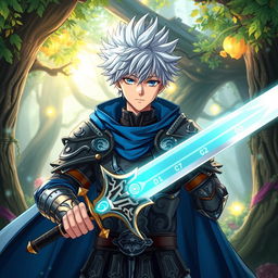 A male anime character dressed as a medieval knight, wearing intricately detailed armor adorned with symbols of dragons, and boasting a flowing blue cape