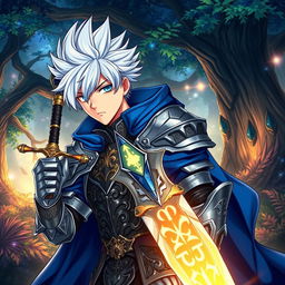 A male anime character dressed as a medieval knight, wearing intricately detailed armor adorned with symbols of dragons, and boasting a flowing blue cape
