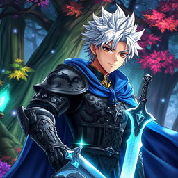 A male anime character dressed as a medieval knight, wearing intricately detailed armor adorned with symbols of dragons, and boasting a flowing blue cape