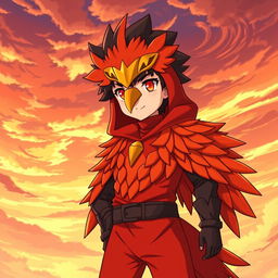 An anime character, a young boy dressed in a vibrant phoenix costume with fiery red and orange feathers, a striking golden beak mask, and glowing eyes