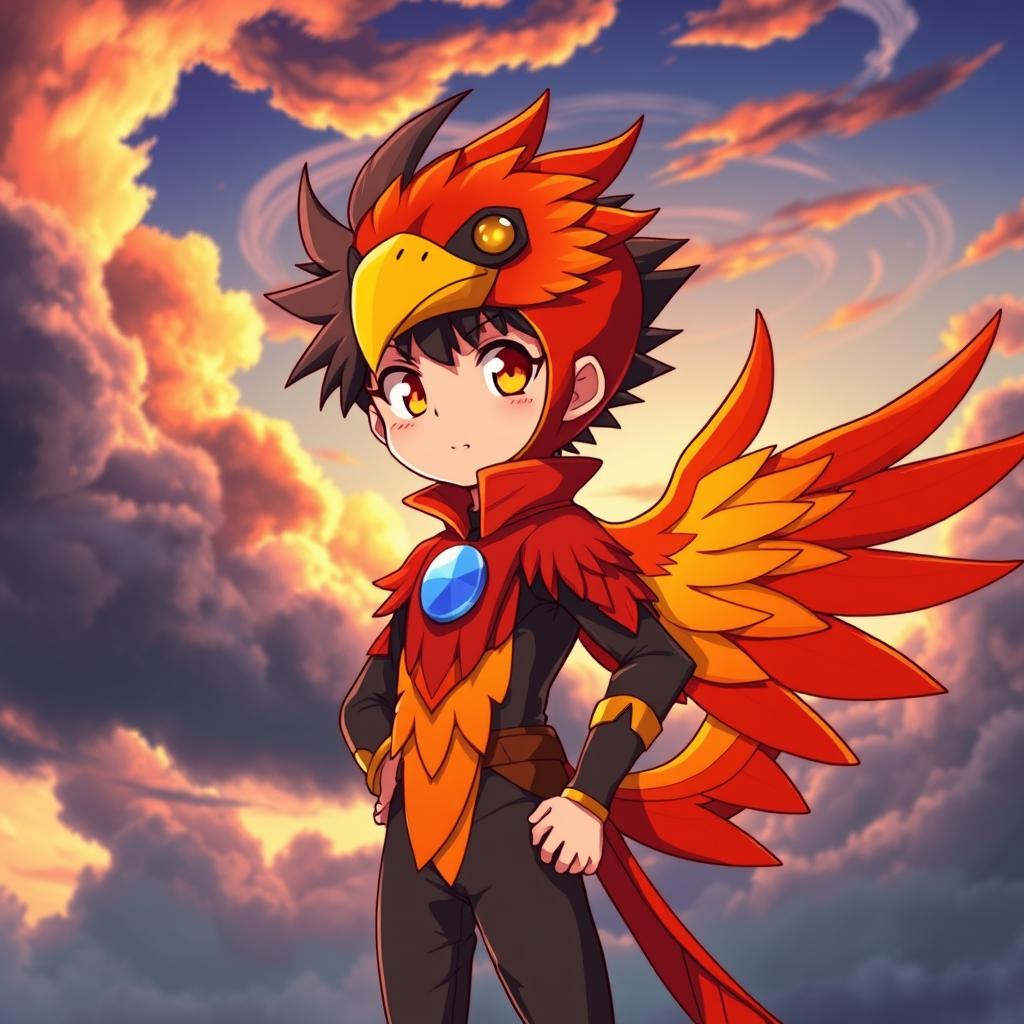 An anime character, a young boy dressed in a vibrant phoenix costume with fiery red and orange feathers, a striking golden beak mask, and glowing eyes