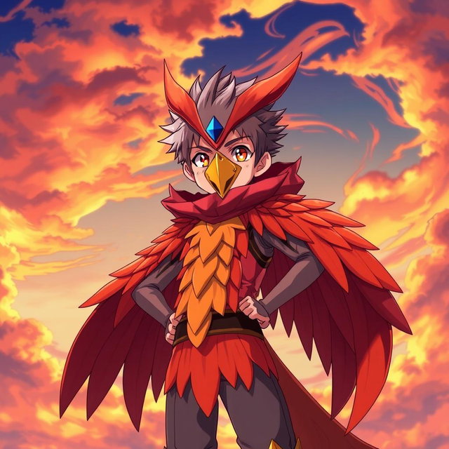 An anime character, a young boy dressed in a vibrant phoenix costume with fiery red and orange feathers, a striking golden beak mask, and glowing eyes