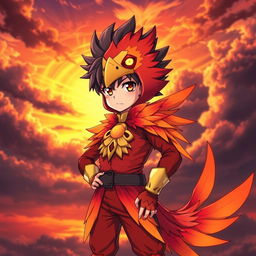 An anime character, a young boy dressed in a vibrant phoenix costume with fiery red and orange feathers, a striking golden beak mask, and glowing eyes